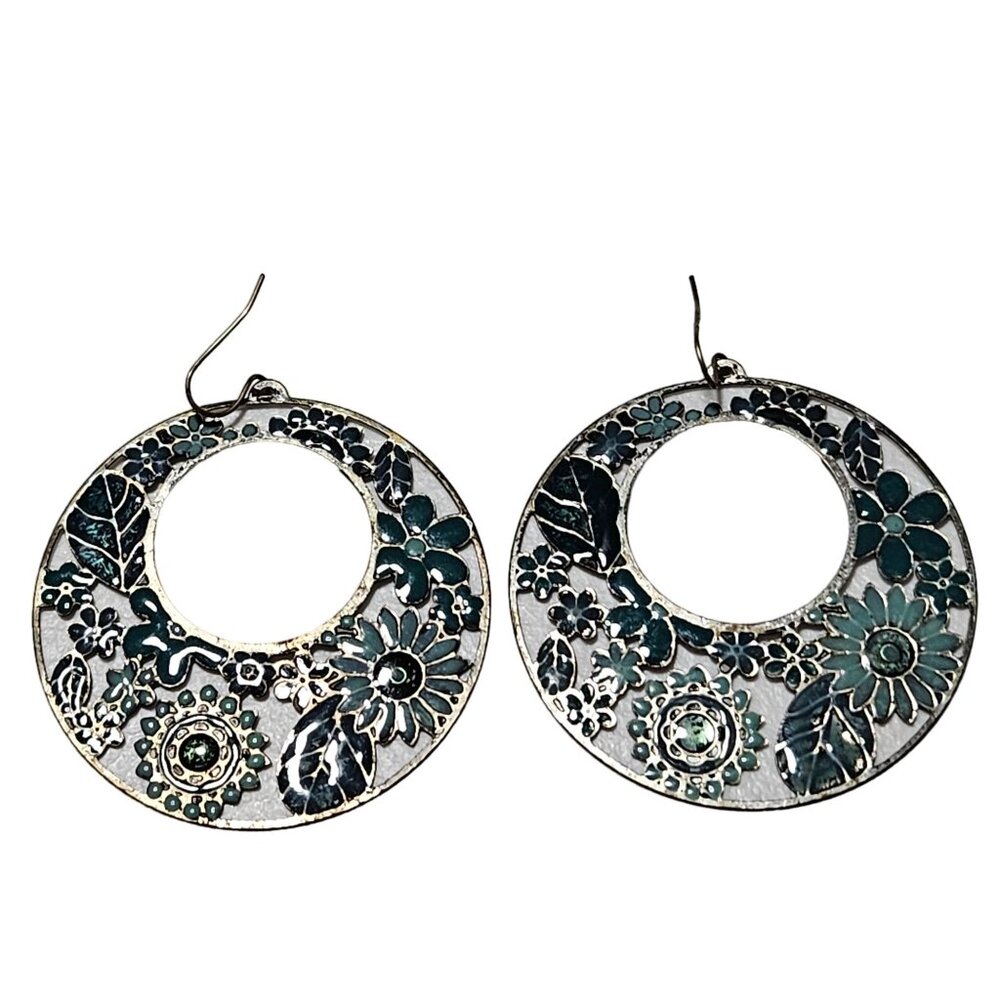 Retro Floral Cutout Round Earrings Silver Teal Dangle Drop 50s 60s Fashion Women